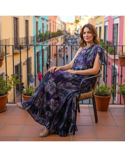 Nyny Ryke Purple Wilma, One-Shoulder Batik Maxi Dress Floral Cotton Dress
