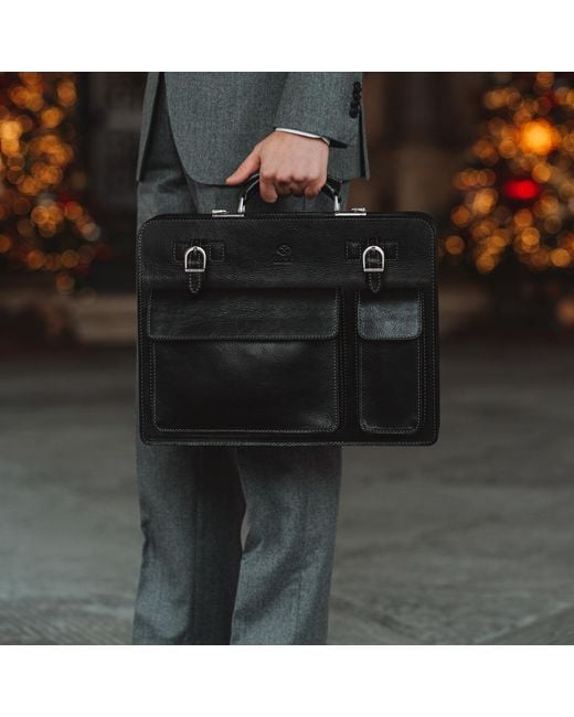 Time Resistance Black Leather Large Satchel Bag Briefcase for men
