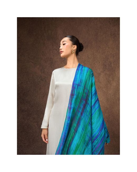 Silk and Bears Blue Emerald Brushstroke Silk Scarf – Hand-Dyed Mulberry Silk Shawl