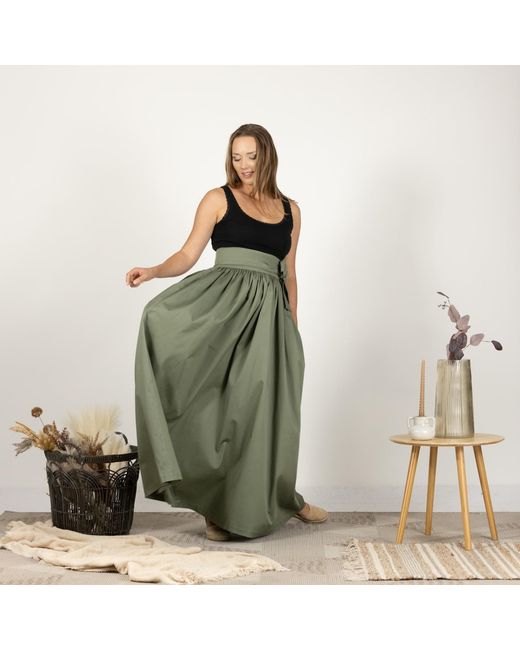 Nikka Place Green High Waist Cotton Gathered Skirt With Front Bow & Pockets