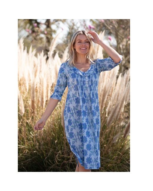 At Last Blue Cotton Karen Long Sleeve Day Dress