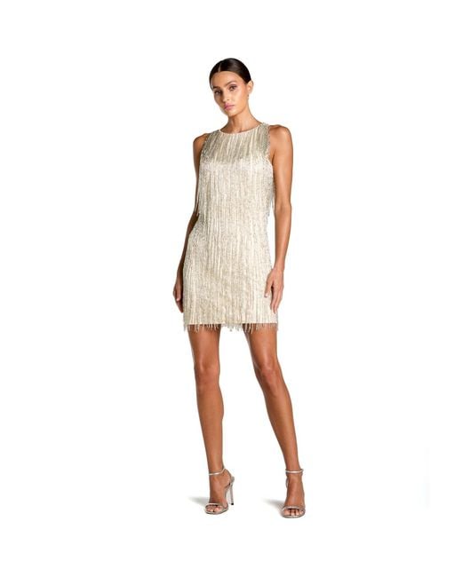 Mac Duggal Natural Neutrals Beaded Fringe Sleeveless Mini Dress