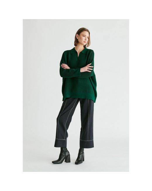 Paisie Green Polo Collar Ribbed Jumper