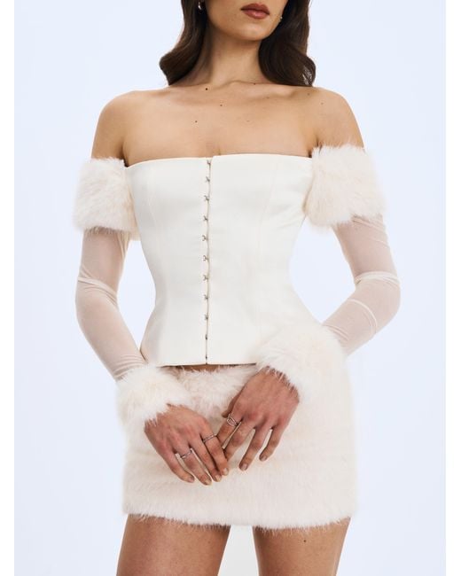 Miss Circle New York White Nola Ivory Off-Shoulder Fur Trimmed Top