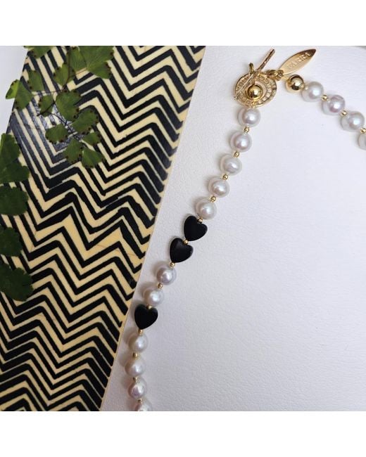 Farra Metallic Freshwater Pearls With Heart Shaped Obsidian Choker Necklace