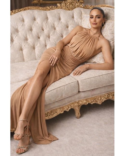 Monice London Natural Selene- Backless & Bra Friendly Halter Maxi Dress