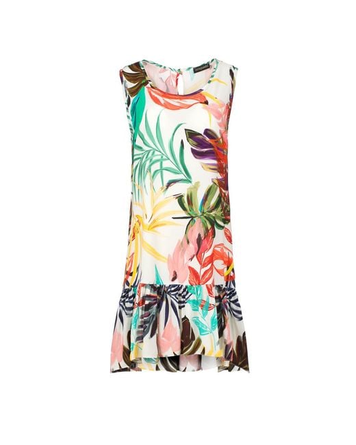 Conquista Red Leaf Print Frill Detail Dress
