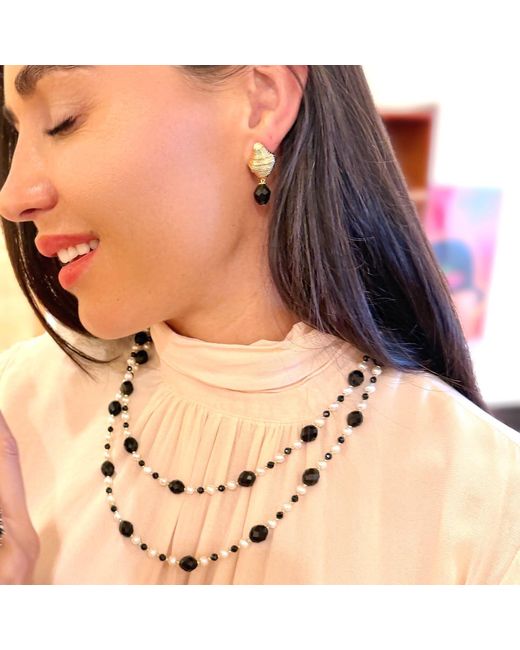 Farra Black Romantic Style Oval Obsidian With Freshwater Pearl Long Necklace
