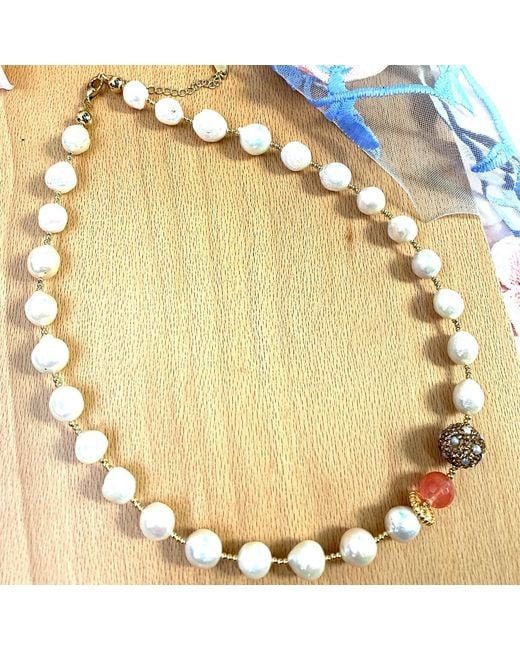 Farra White Freshwater Pearls With Watermelon Quartz & Rhinestones Short Necklace