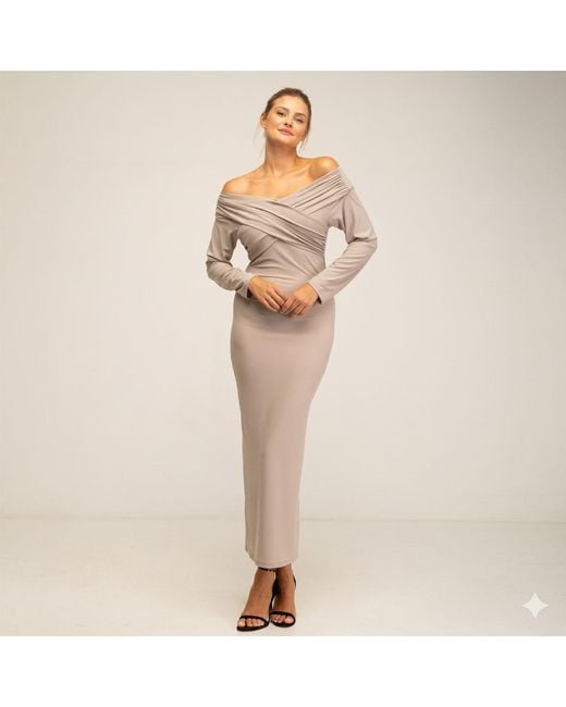 Tantra Spain Sl Natural Neutrals Long Fitted Dress With Long Sleeves, V-Neck And Draped Detail On The Chest