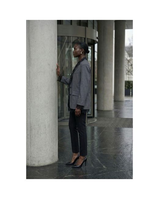 Modenaire Gray Tailored Blazer With Lace Trim Lapel
