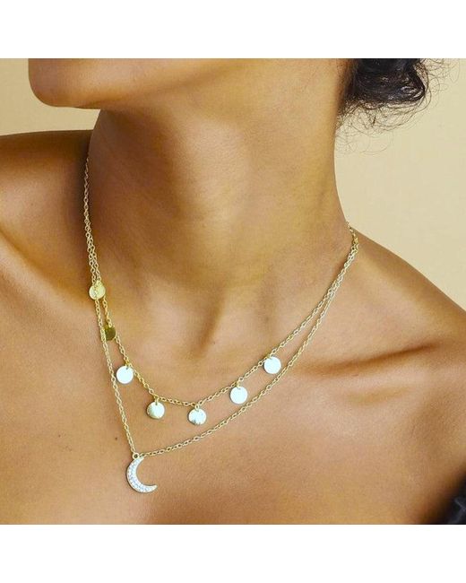 Lila Rasa Metallic Celestial Double Layer Necklace Crecent Cz Moon