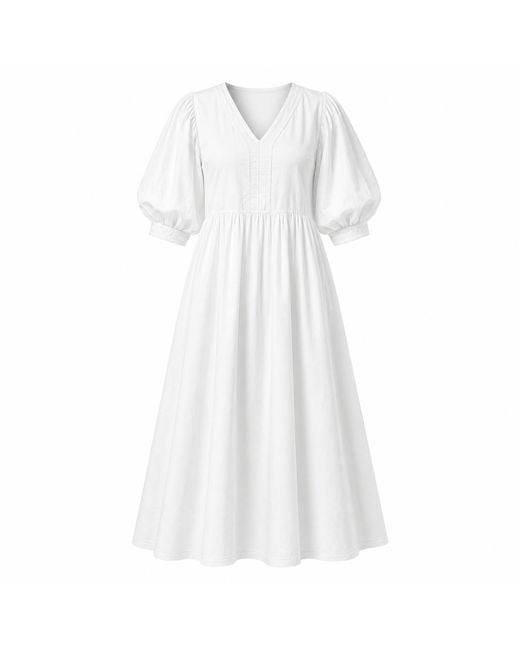 IZABELA MANDOIU White Cotton Midi Dress With Puff Sleeves