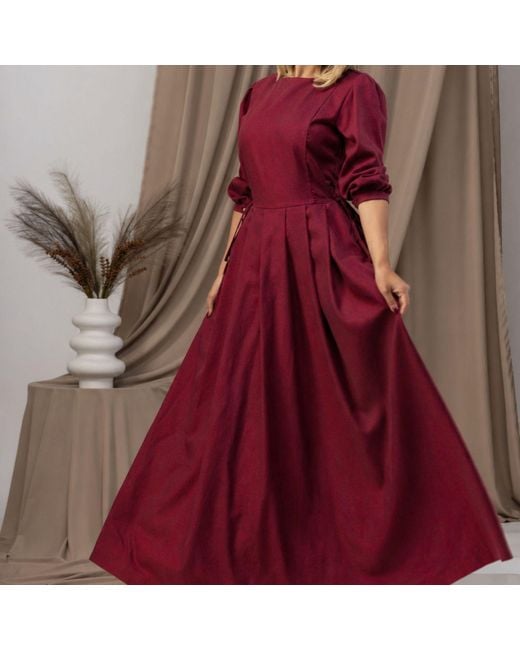 Nikka Place Red Long Linen Formal Dress With Bracelet Sleeves