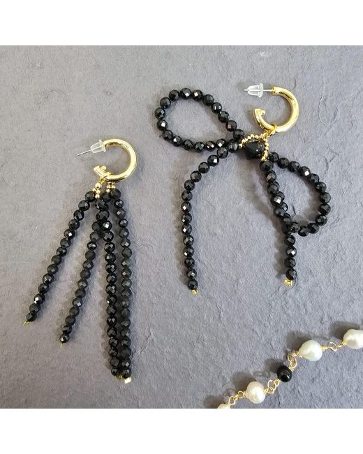 Farra Metallic Obsidian Crafted Butterfly Knot And Tassel Asymmetric Earrings