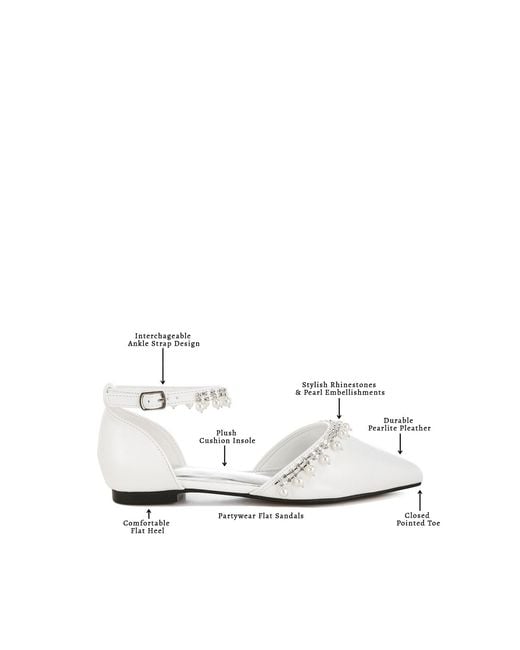 Rag & Co White Aouva Rhinestone & Pearl Ankle Strap Flat Sandals
