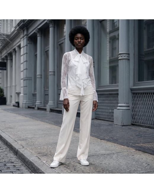 Modenaire White Sheer Lace Blouse With Bow Tie Neck Ruffle Front Detail With Cami