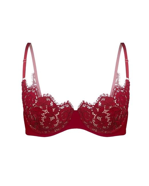 MONIQUE MORIN LINGERIE Red Frisson Scoop Demi Bra Bloodstone