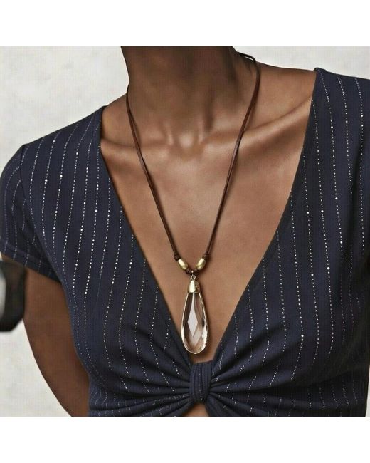 Persia Dona Jewelry Metallic Large Crystal Drop & Leather Necklace