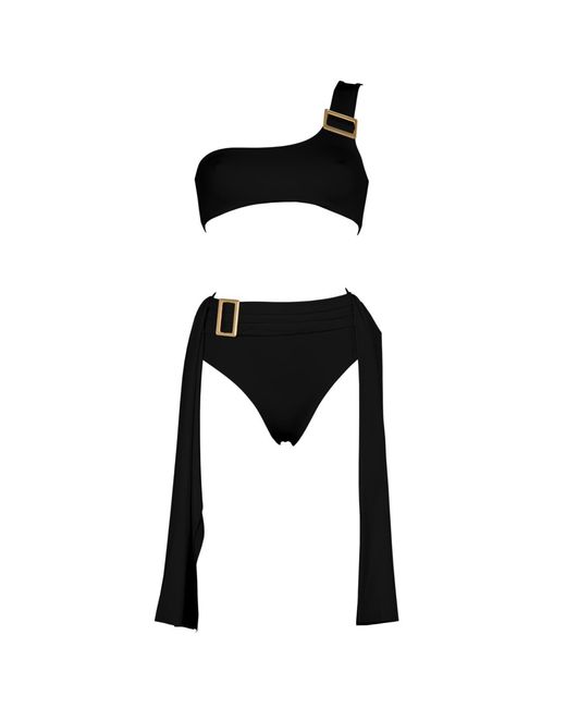 ANTONINIAS Black Dulcet One-shoulder Bikini Top With Golden Buckle In