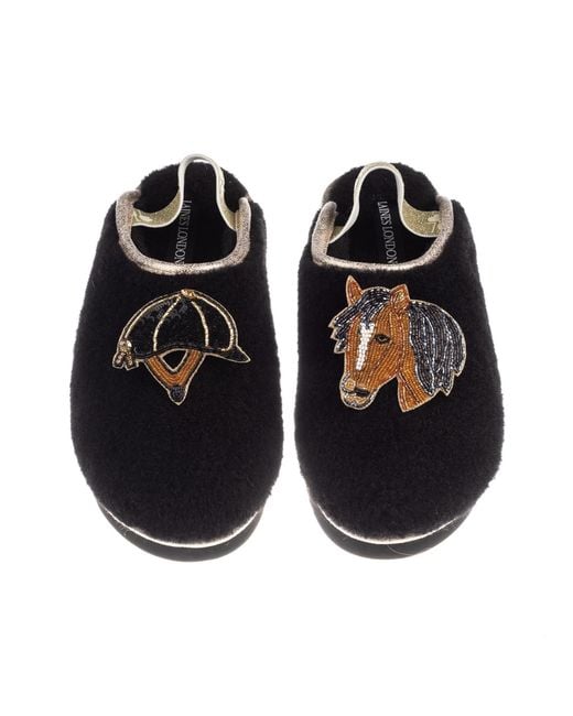 Laines London Black Flatform Cloud Closed Toe Slippers With Riding Hat & Horse Brooches