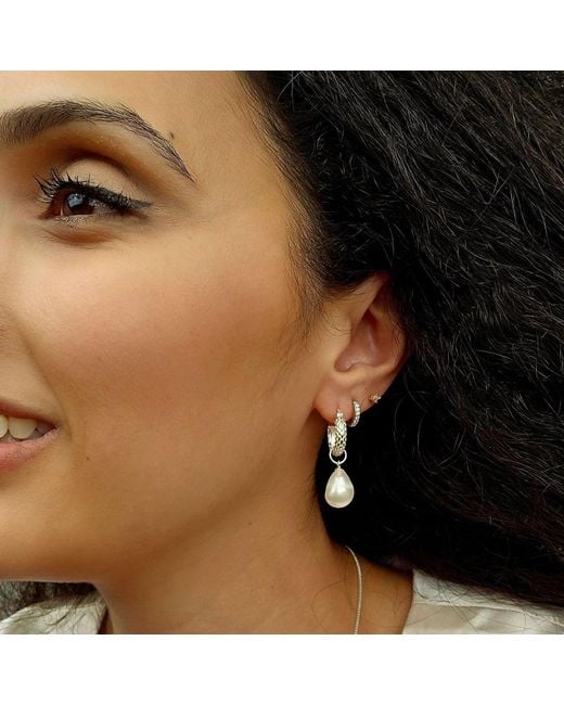 Harfi Metallic Elegant Sterling Basket Weave Hoop Earrings With Freshwater Pearl Charm