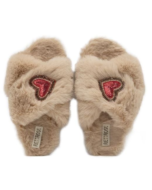 Rettrose Natural Neutrals Amour Mink Luxury Plush Diamanté Heart Embellished Handmade Slipper