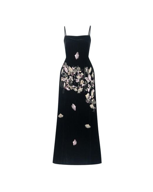 Silk and Bears Black Hand-Embroidered Silk Velvet Bias Slip Maxi Dress — Fan Motif — Velvet Atelier