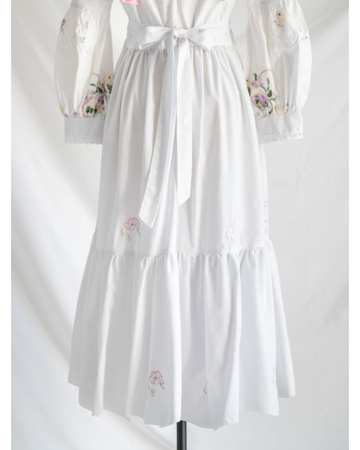 Sugar Cream Vintage White Re-design Upcycled Square Neck Cuff Sleeved Floral Maxi Dress