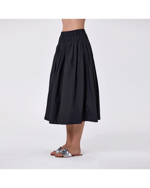 Smart and Joy Black Loose-Fitting Midi Cotton Skirt With Smocked Waist