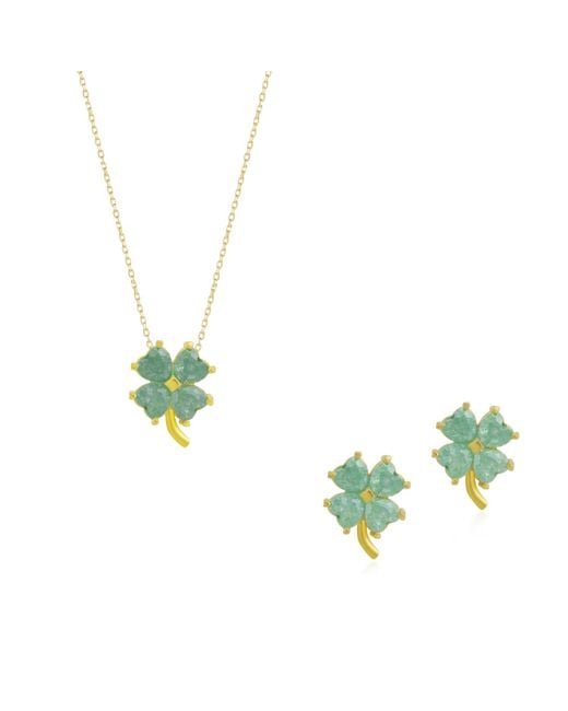 Spero London Four Leaves Clover Sterling Silver Earring & Necklace Set In Green