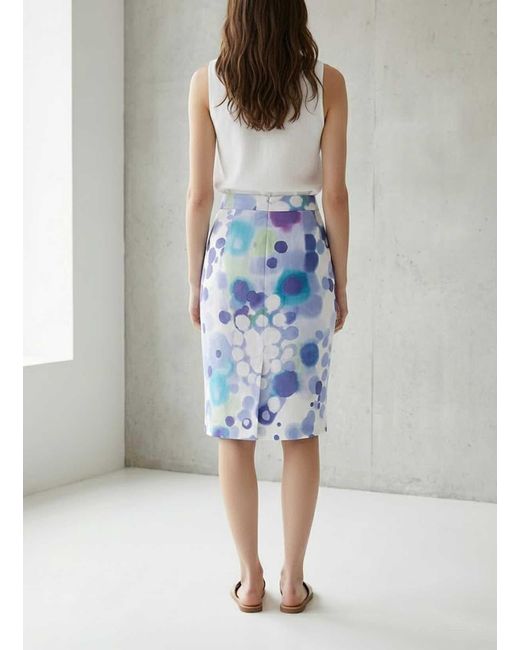 Conquista Blue Abstract Print Midi Pencil Skirt
