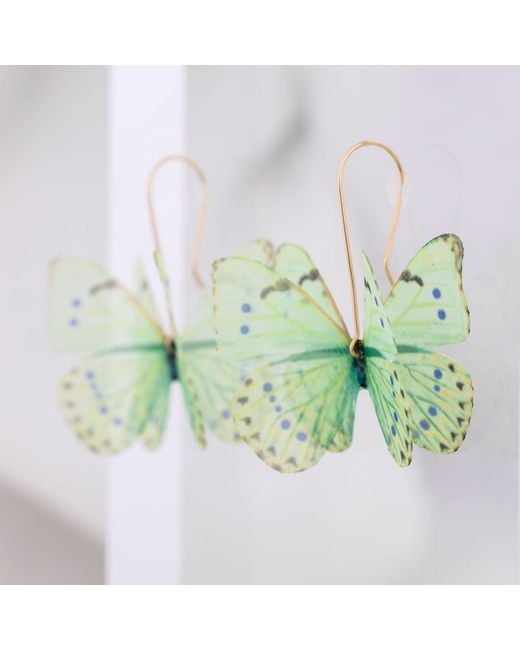 Oana Savu Green Mint Silk Butterfly Earwires Dangle Earrings