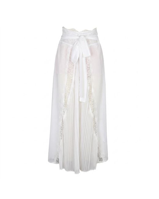 Modenaire White Sheer Lace Panel Pleated Maxi Skirt With Waist Tie Detail