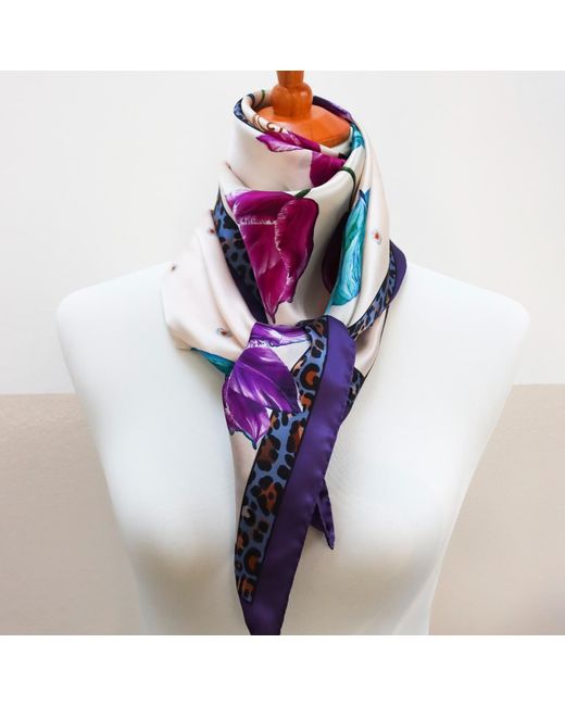Lamberty Munich Blue Neutrals Spring Tulips Silk Scarf