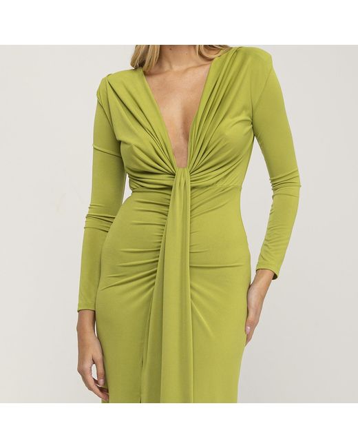 Tantra Spain Sl Green Solid Draped Maxi Dress With V Neck And Long Sleeves