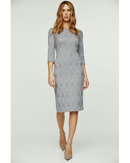 Conquista Gray 3/4 Sleeve Jacquard Fitted Dress