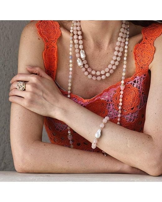Farra Metallic Faceted Rose Quartz With Baroque Pearl Bracelet