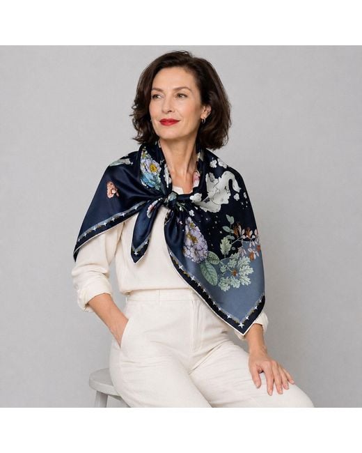 Wenzi Blue Moonlit Menagerie Hand Painted Mulberry Silk Square Scarf
