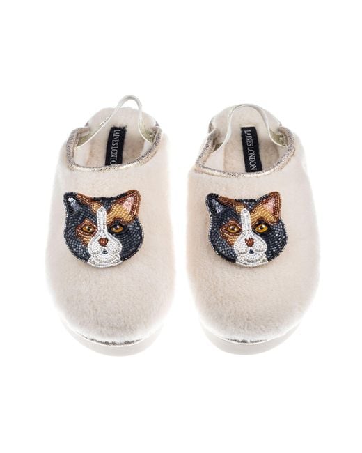 Laines London Metallic Neutrals Flatform Cloud Slippers With Double Calico British Shorthair Cat Brooches