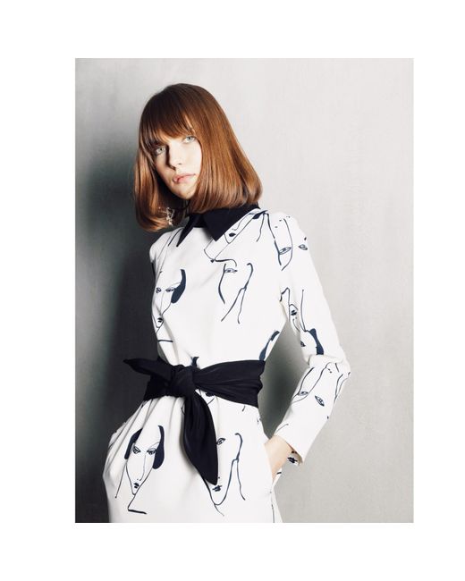 Julia Allert Natural White Designer Fitted Dress With Faces Print