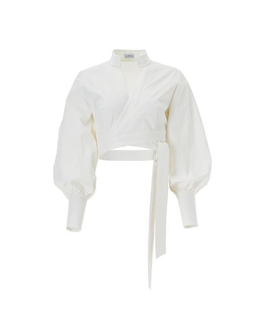 Lita Couture White Wrap Around Crisp Cotton Blouse