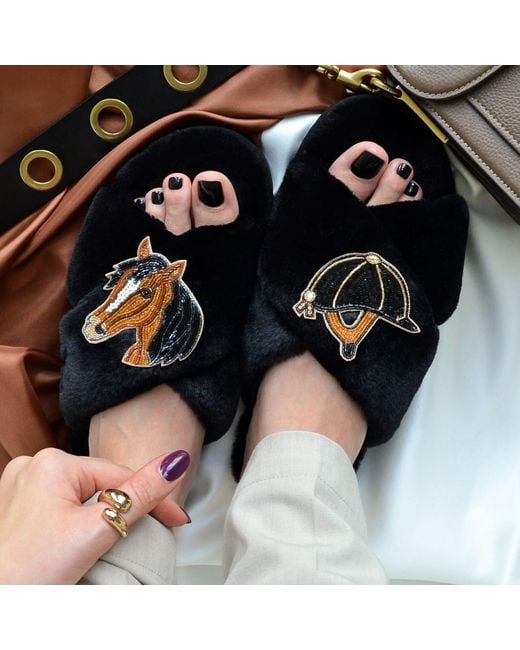 Laines London Black Faux Fur Embellished Riding Slipper