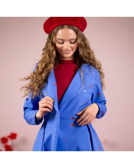 RainSisters Blue Trench Coat With Flower Print: Forget Me Not