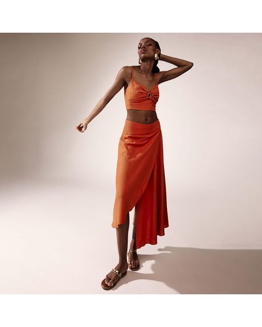 ALINA CERNĂTESCU Orange Flare Bamboo Linen Cutout Statement Top & Asymmetric Holiday Resort Midi Skirt