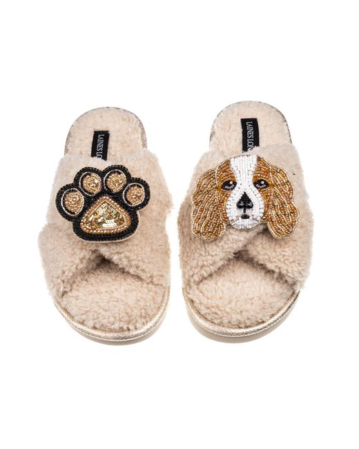 Laines London Natural Neutrals Laines Neutral Boucle Slippers With Lady The King Charles & Paw Brooches