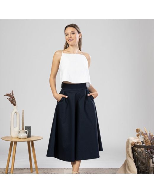 Nikka Place Blue Cotton Midi Flared Skirt With High Waist And Pockets