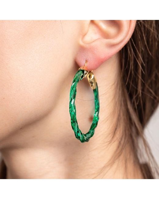 Gold & Honey Green Emerald Swirl Twist Lucite Birthstone Hoop Earrings