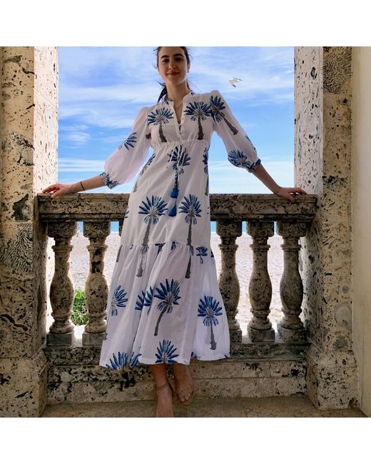 Pick Happy Blue Mermaid Maxi Dress Palm Tree Fully Lined Handblock Cotton