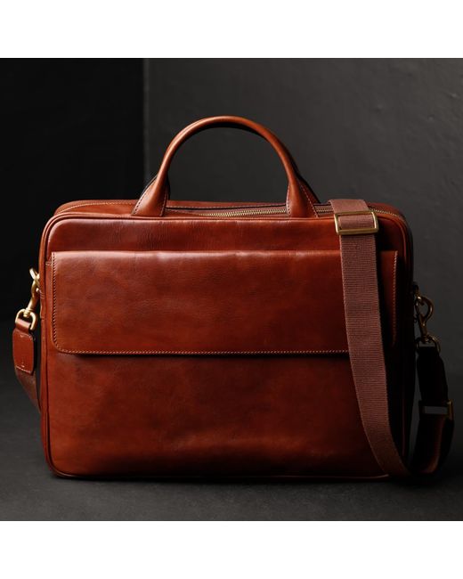 Time Resistance Brown Cognac Leather Briefcase Laptop Bag for men